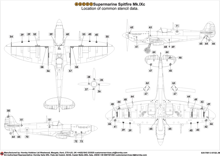 Airfix 124 Supermarine Spitfire Mk.IXc Location of stencil data