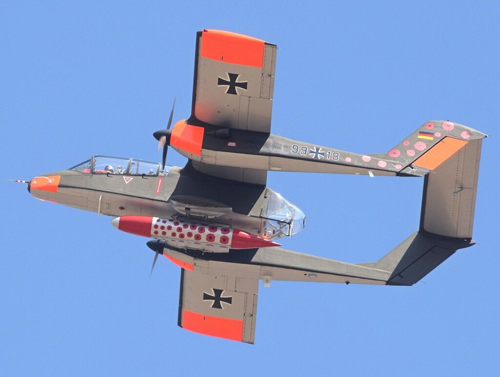 North American Rockwell OV-10B Bronco of the Bronco Demo Team at the 2018 RIAT, England. This is an ex-Luftwaffe B-model originally used as an aerial gunnery target tug. The OV-10B was an OV-10A with no weapons, no sponsons, and a transparent plastic dome replacing the rear door, which was used by the tow operator.