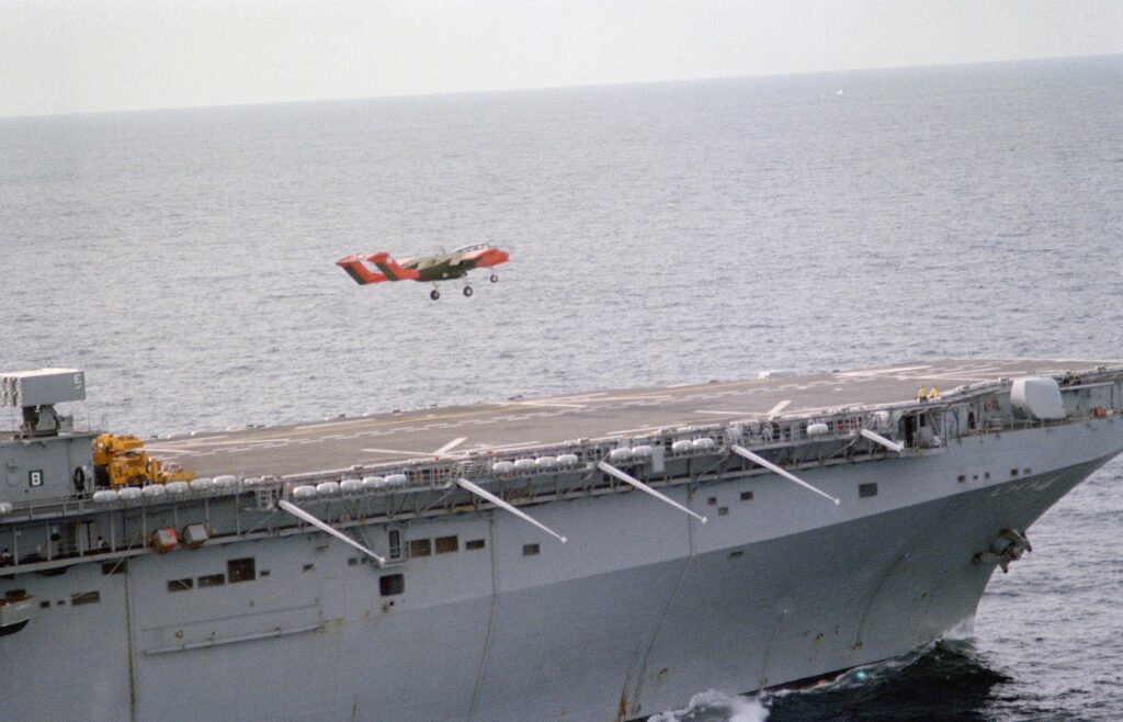An OV-10A Bronco from VMO-1 takes off from the flight deck of USS Nassau in 1983