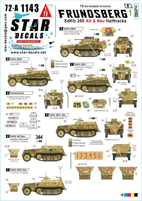 Star Decals 1/72 Scale Markings Releases in October / 72-A1143 Frundsberg # 1. SdKfz 250 'ALT' and 'NEU' versions.