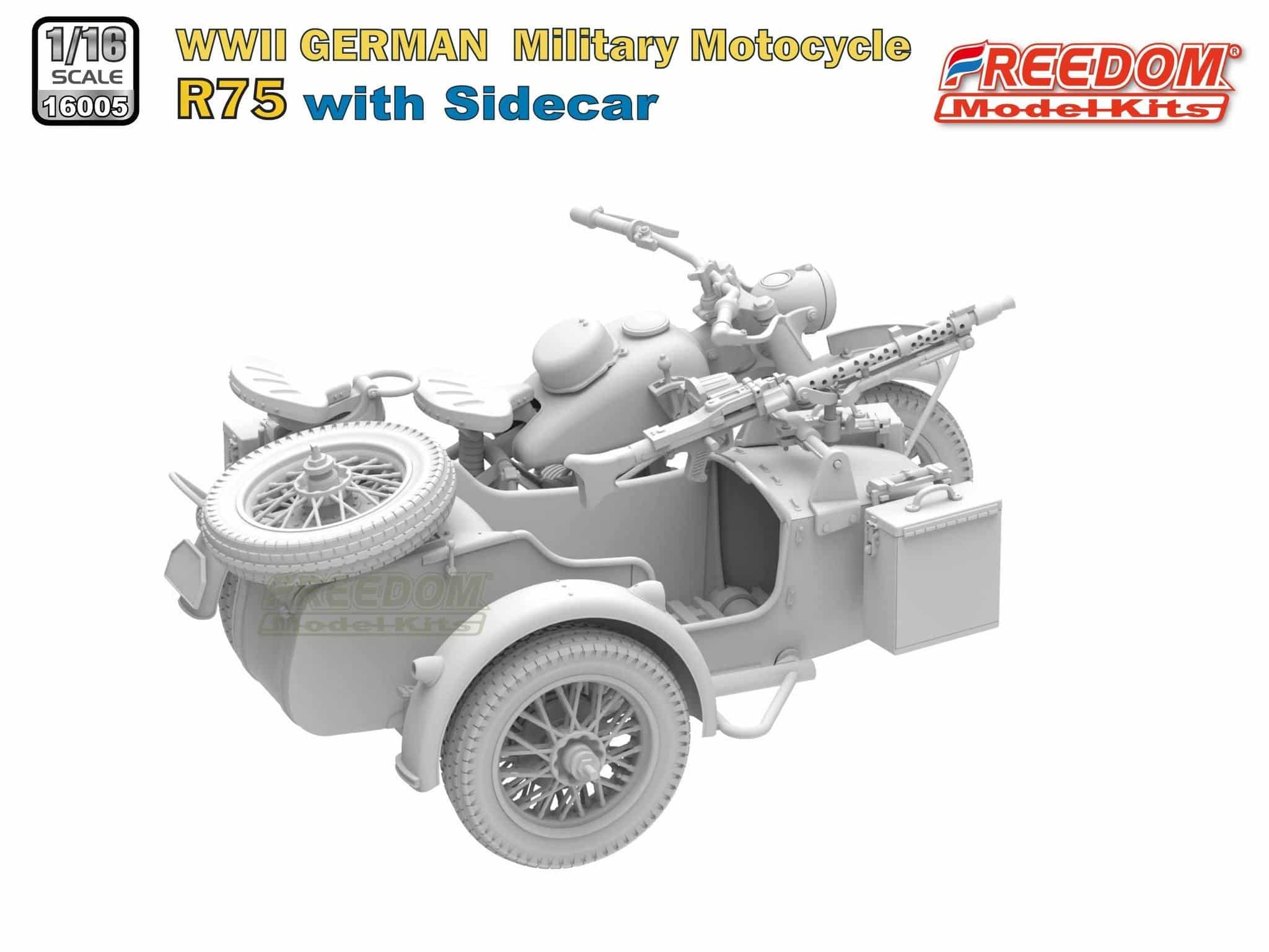 thumbnail interactive-video image 1 of Freedom Model Kits 16005 1/16 Scale WWII German Military Motorcycle R75 With Sidecar – Plastic Kit 1 of 4