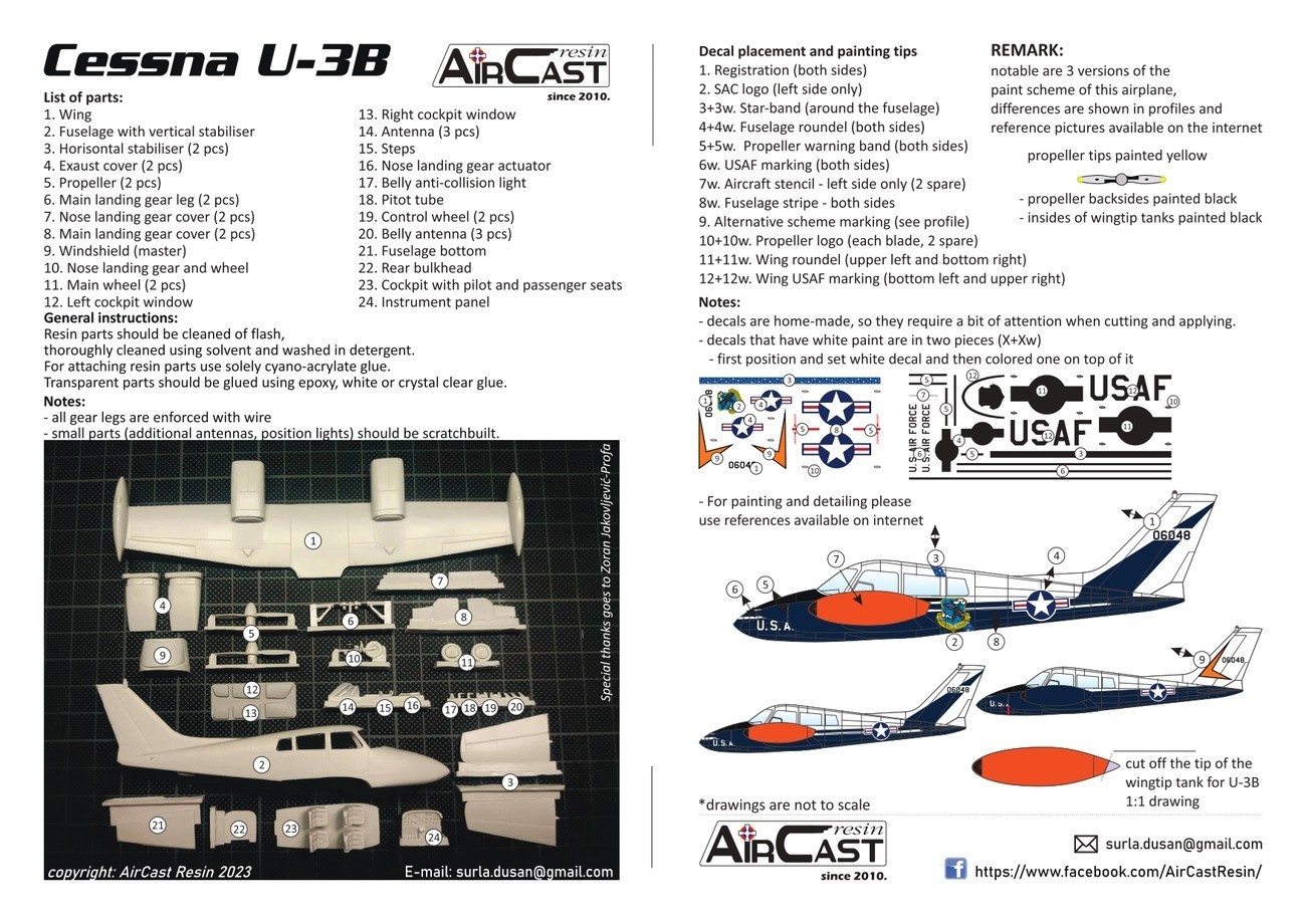 Aircast Resin Cessna U-3B Blue Canoe Sprue, Decals, Painting and Marking