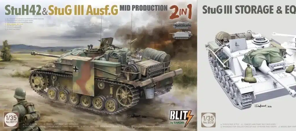 A StuH 42 & StuG III Ausf.G Mid Production 2 in 1 w/ stowage & an alternative stowage set both new in March from Takom