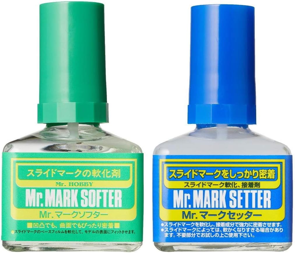 GSI Creos Mr Mark Setter blue cap and Mr Mark Softer green cap bottles for Japanese model decals