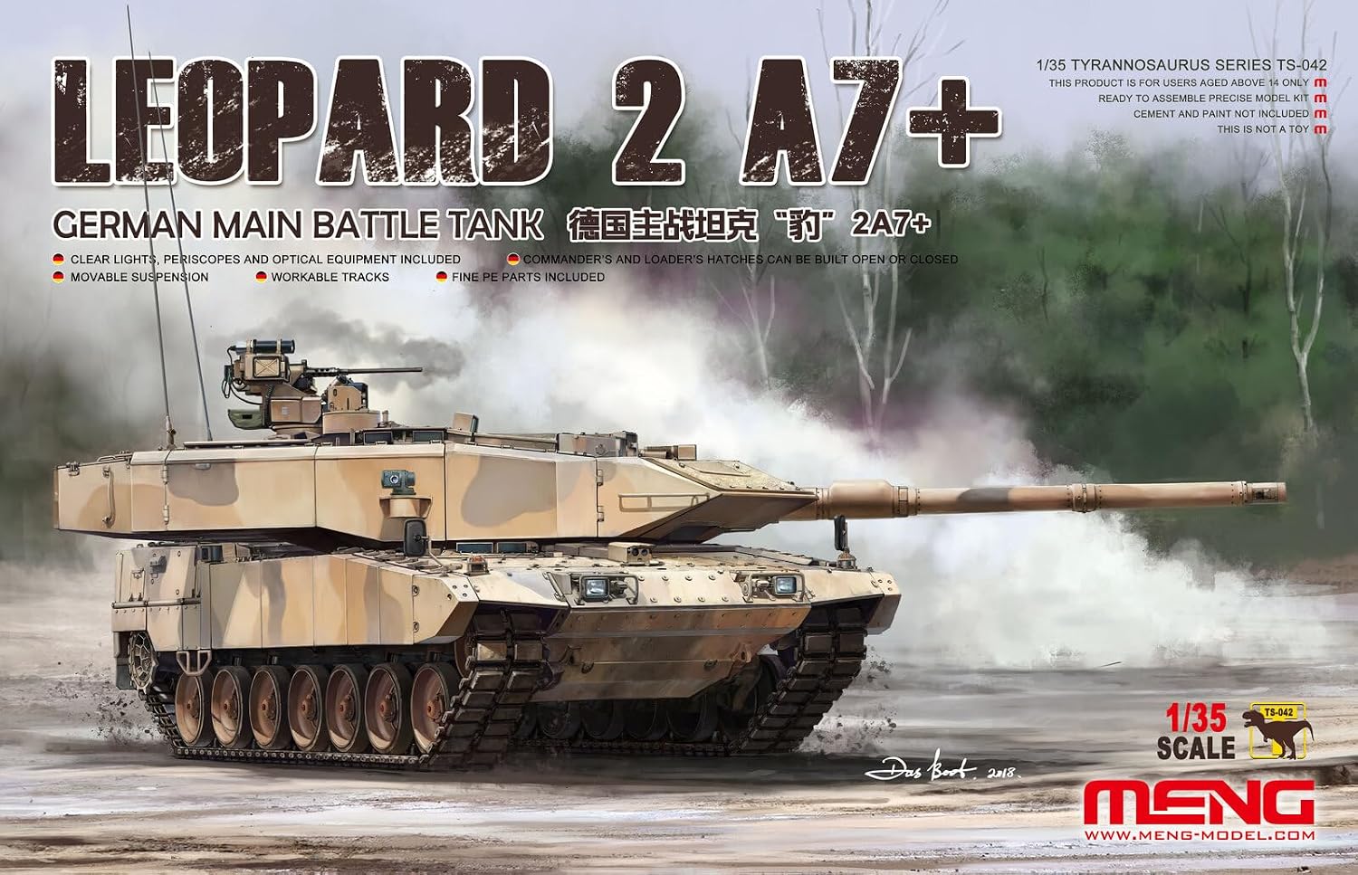 Meng Model 1/35 German Leopard 2A7+ TS-042 scale model kit with FLW 200 RWS and slat armor