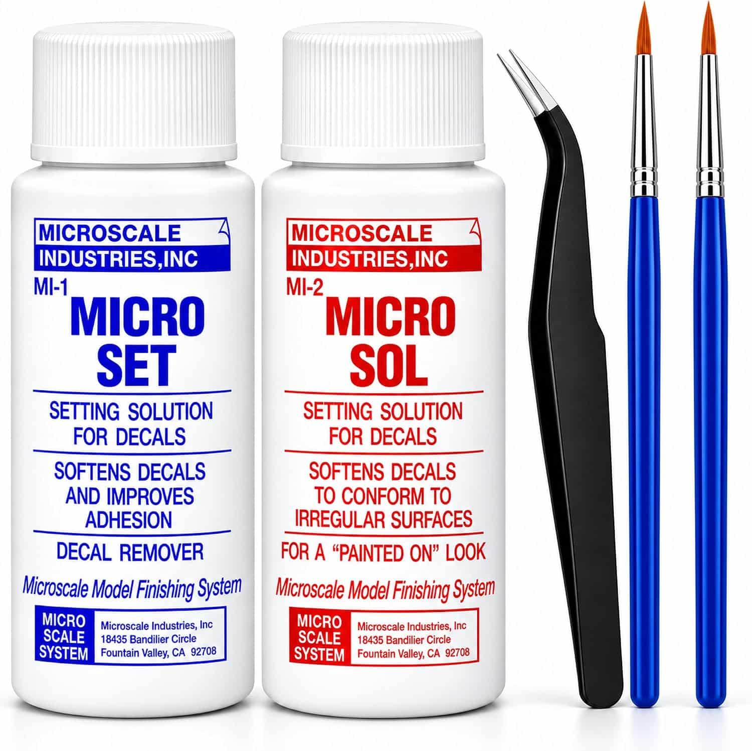 Microscale Micro Set blue bottle and Micro Sol red bottle decal setting solution combo