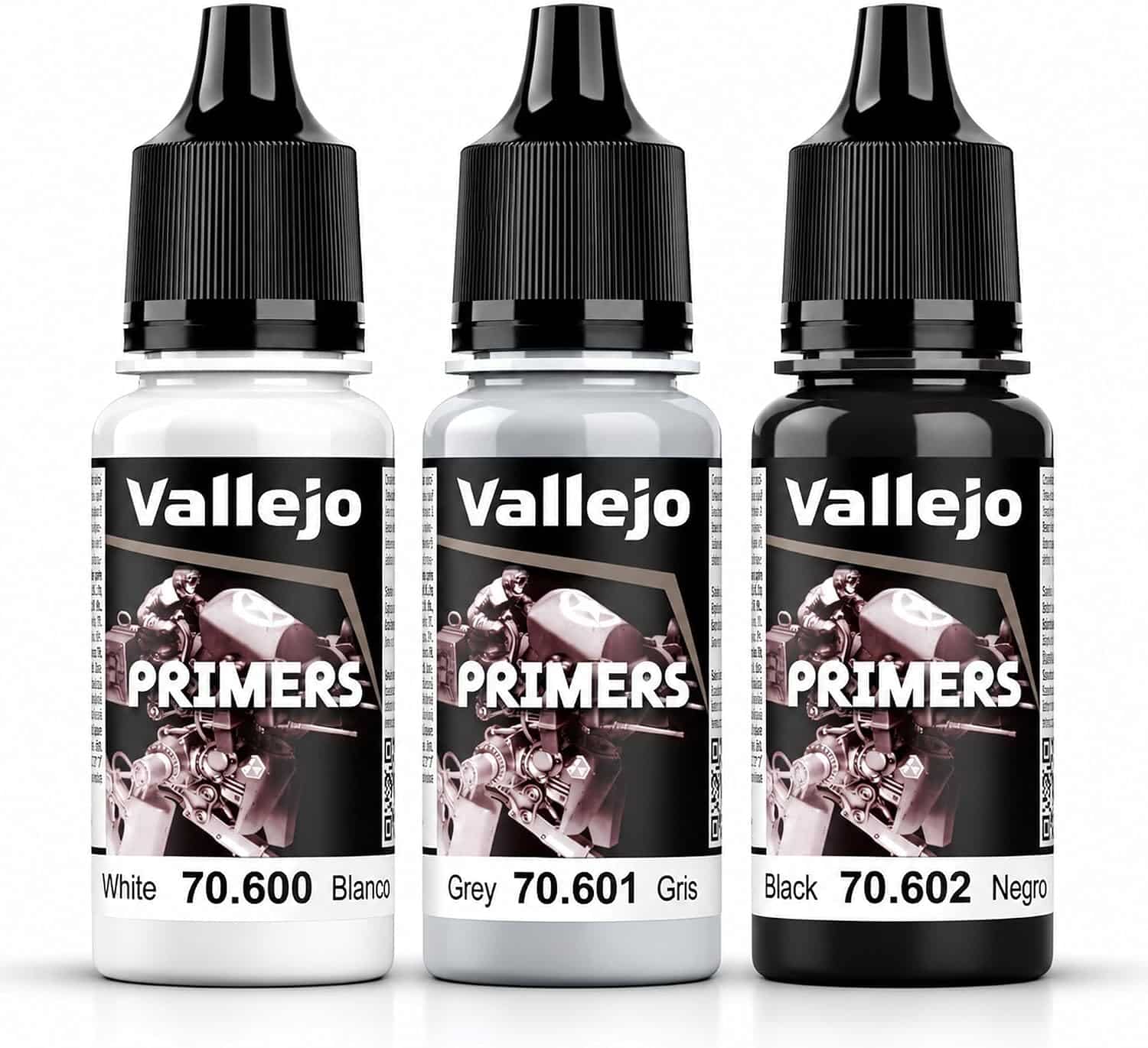 Vallejo Polyurethane Surface Primer Black and Ghost Grey 200ml bottles for miniatures and scale models